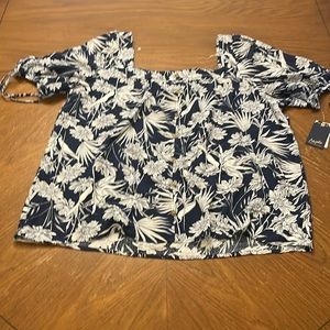 NWT tropical print square neck woven top blouse navy and white xl